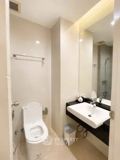 Modern bathroom with sleek fixtures and elegant design, featuring a spacious mirror and contemporary sink.