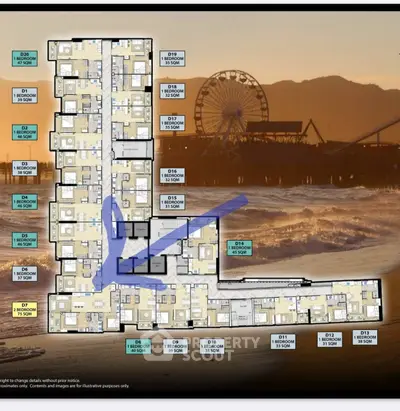 Floor plan with ocean view and iconic Ferris wheel in the background, showcasing modern apartment layout.