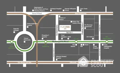 Map showcasing Nue Evo Ari location near Victory Monument and Phahonyothin Road in Bangkok.