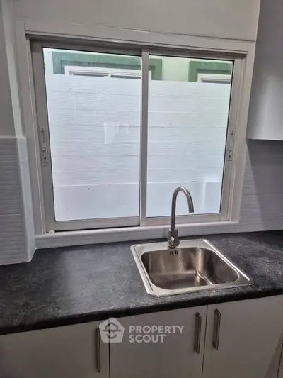 Modern kitchen sink with sleek countertop and window view