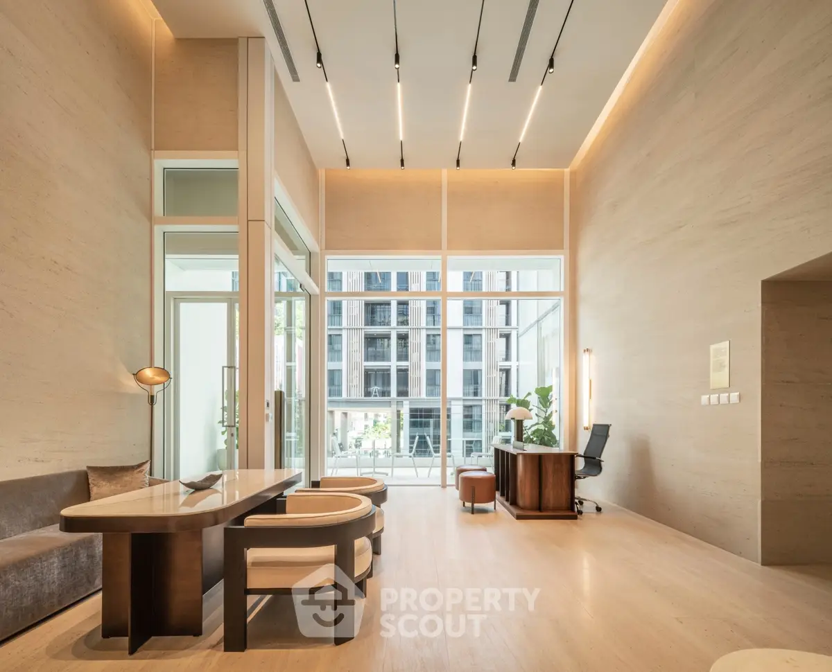 Luxurious modern living room with high ceilings and elegant furniture