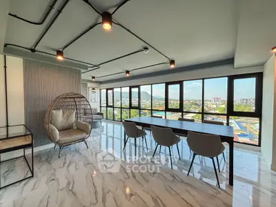 Stunning modern living room with panoramic city view and elegant decor