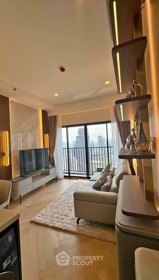 Luxurious living room with city view, modern decor, and elegant lighting in high-rise apartment.