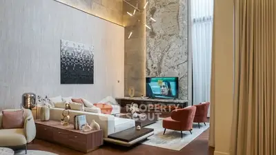 Luxurious modern living room with high ceilings and elegant decor