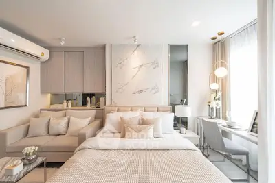 Luxurious modern bedroom with elegant decor and cozy ambiance