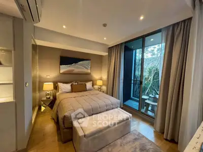 Luxurious bedroom with balcony access and modern decor in a high-end apartment.