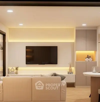 Modern living room with sleek design and ambient lighting