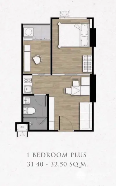 Modern 1-bedroom apartment floor plan with efficient layout and stylish design.