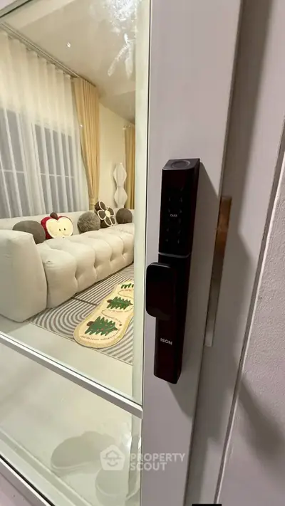 Modern living room with smart lock and cozy decor