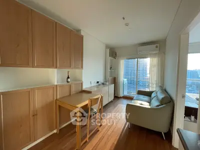 Modern living room with wooden furniture and city view balcony in high-rise apartment