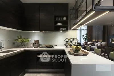 Luxurious modern kitchen with sleek dark cabinetry and open layout, perfect for entertaining.