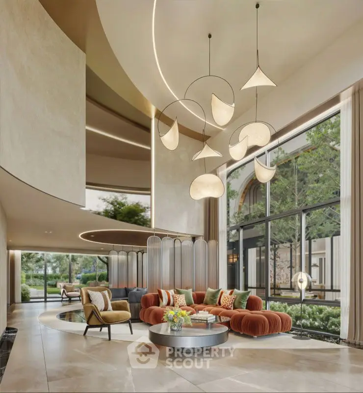 Luxurious modern living room with high ceilings and elegant lighting