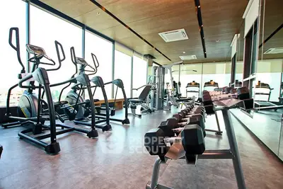 Modern gym with state-of-the-art equipment and panoramic windows.
