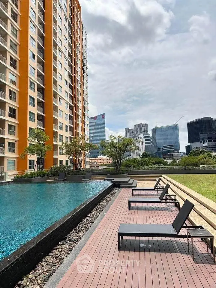 Luxurious high-rise apartment with stunning pool and city skyline view, perfect for urban living.