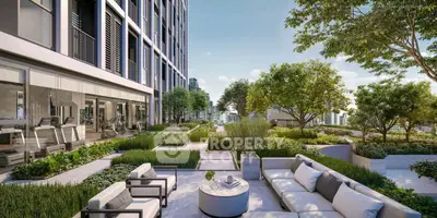 Luxurious rooftop garden with modern seating and city views in a high-rise building.