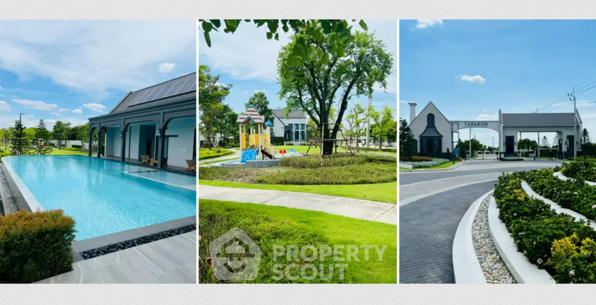Luxurious property with pool, lush garden, and grand entrance in serene neighborhood.