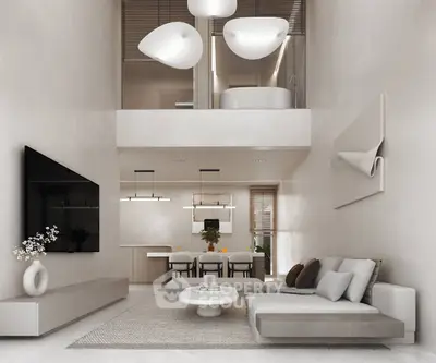 Luxurious modern living room with high ceilings and elegant decor