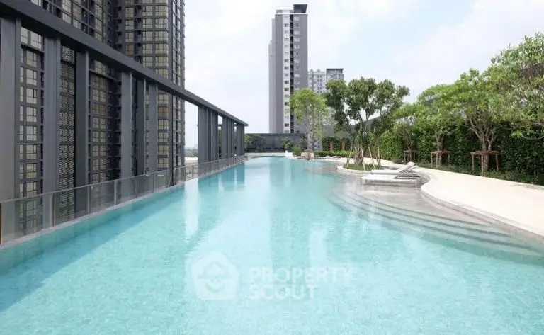 Luxurious rooftop pool with stunning cityscape views in modern high-rise building.