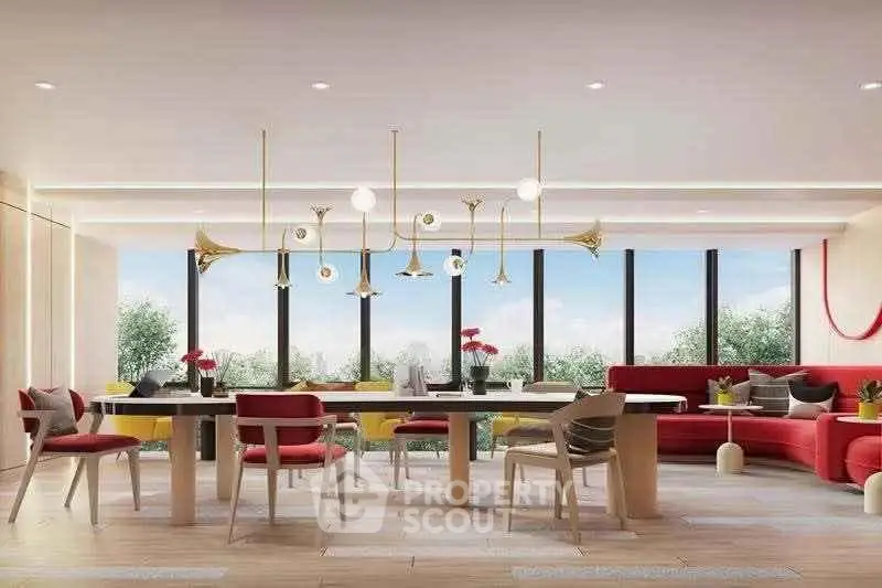 Spacious modern living room with elegant lighting and large windows offering scenic views.