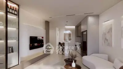 Modern living room with sleek design and open kitchen layout, featuring elegant furniture and ambient lighting.