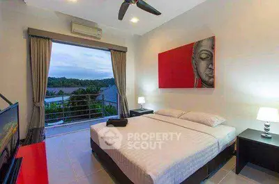 Luxurious bedroom with stunning view and modern decor, featuring a large bed and elegant artwork.