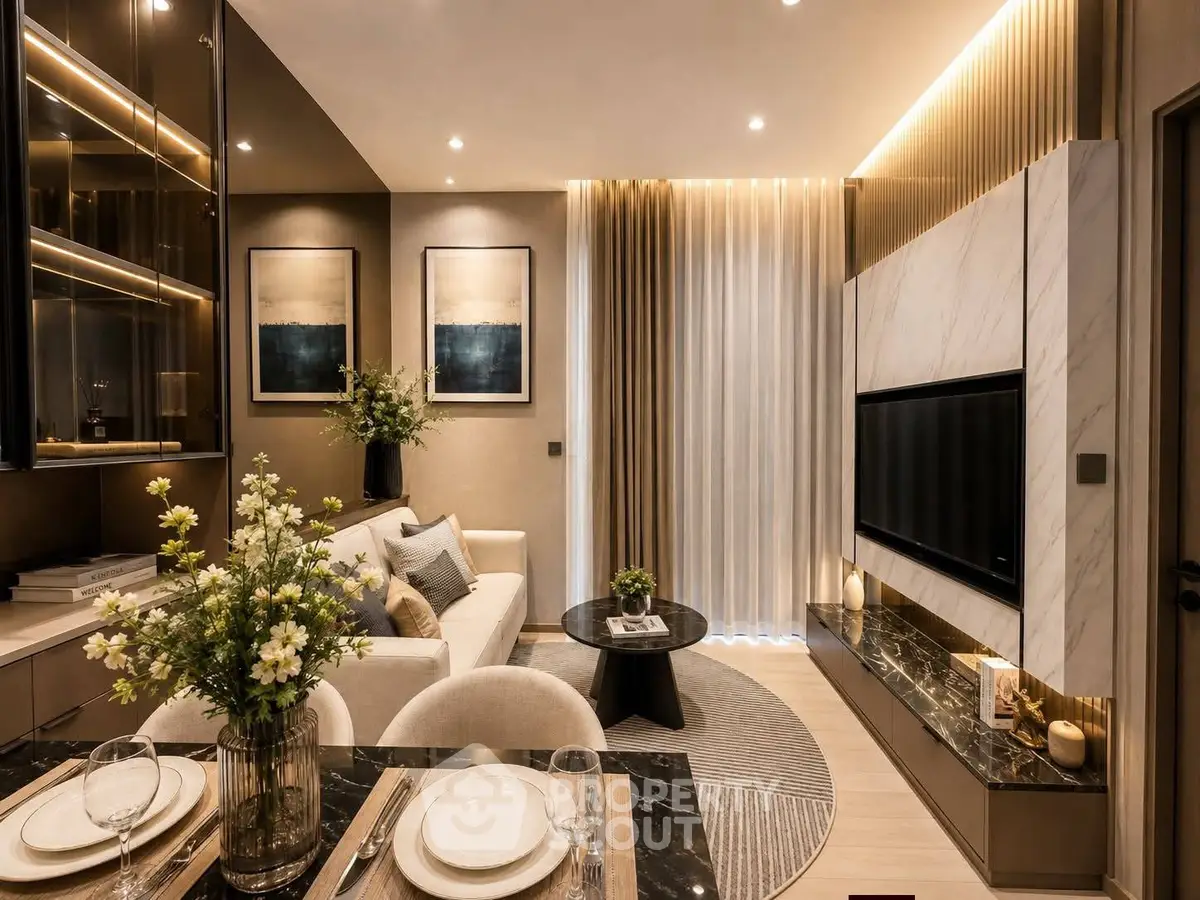Luxurious modern living room with elegant decor and ambient lighting, perfect for relaxation and entertainment.