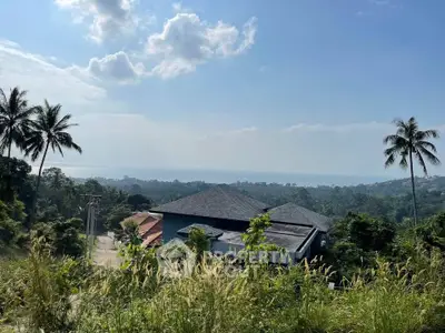 Scenic view of a hillside property with ocean backdrop and lush greenery.