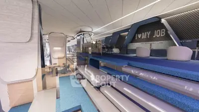 Modern office interior with sleek design and blue accents