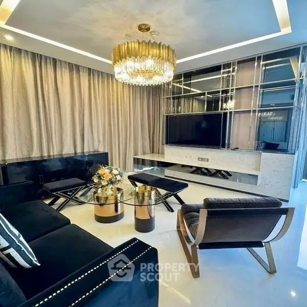 Luxurious modern living room with elegant chandelier and stylish furniture