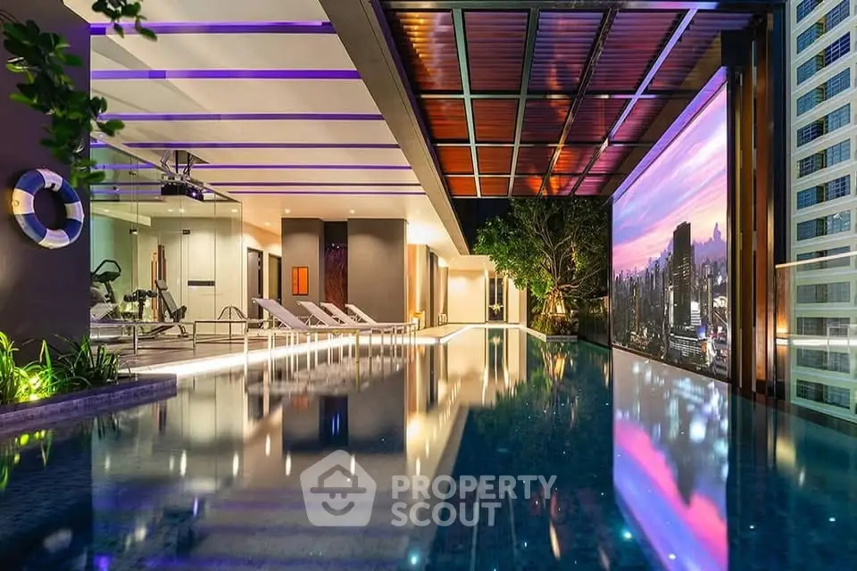 Luxurious rooftop pool with stunning city skyline view and modern design.