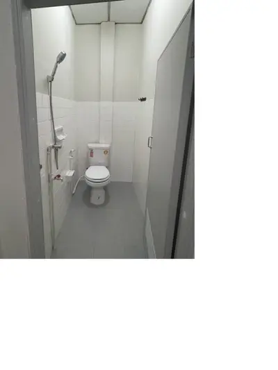 Compact bathroom with shower and toilet in minimalist design.