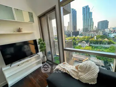 Modern living room with city view and cozy decor in high-rise apartment