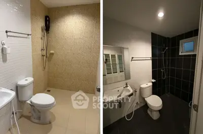 Modern dual bathroom setup with sleek tiles and fixtures