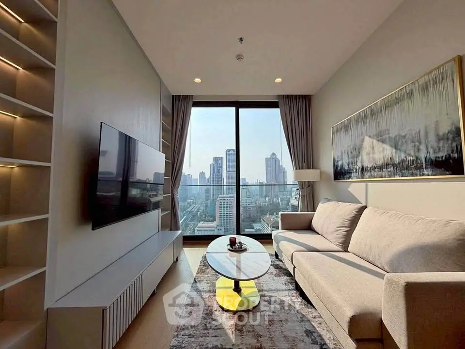 Modern living room with stunning city view, featuring sleek furniture and large windows for natural light.