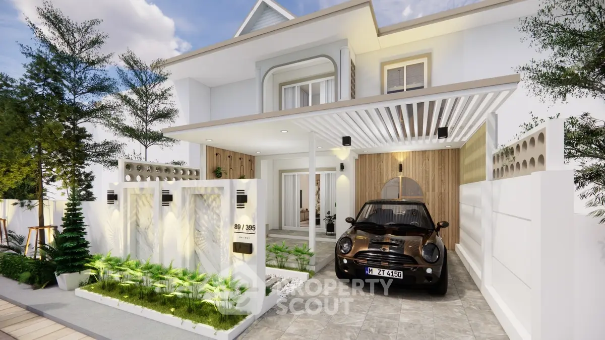Modern two-story house with carport and landscaped garden