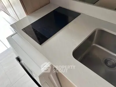 Modern kitchen with sleek induction cooktop and stainless steel sink, perfect for contemporary living.