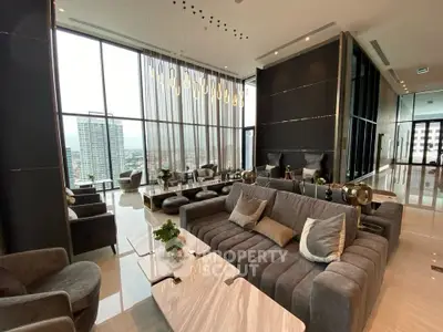 Luxurious high-rise living room with panoramic city views and modern decor