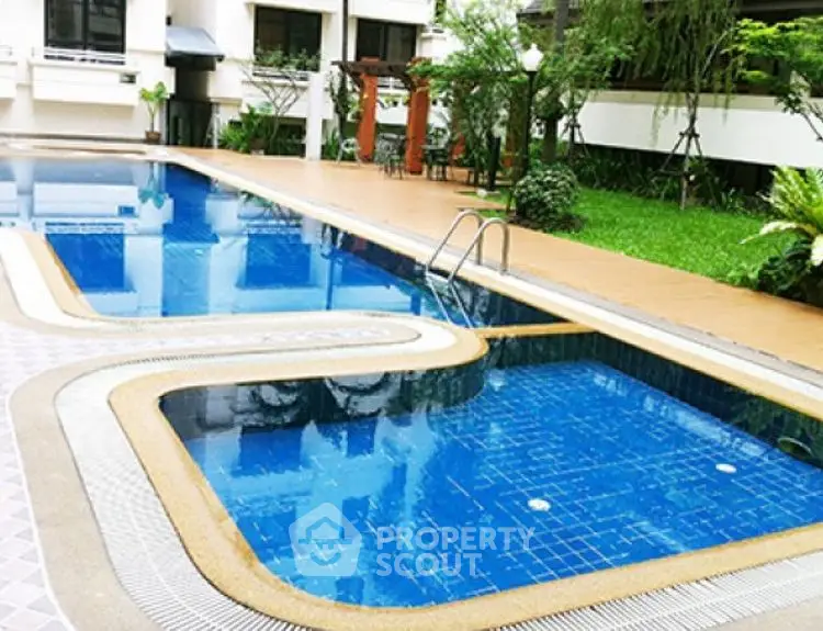 Luxurious residential pool with lush greenery and modern design