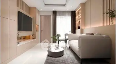 Modern living room with sleek design, neutral tones, and stylish furniture, perfect for contemporary living.