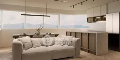 Modern open-plan living room with stunning mountain views and elegant dining area.