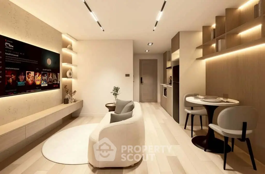 Modern living room with sleek furniture and ambient lighting, featuring a cozy seating area and stylish decor.