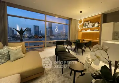 Luxurious living room with stunning city view, modern decor, and elegant lighting in high-rise apartment.