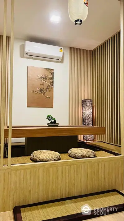 Elegant Japanese-style room with tatami mats and minimalist decor