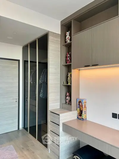 Modern study area with built-in desk and storage, featuring sleek cabinetry and stylish decor.