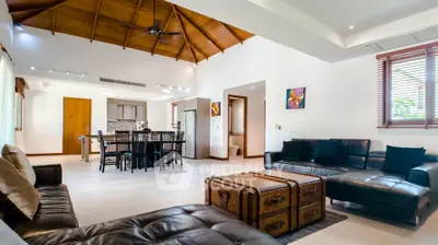 Spacious living room with high wooden ceiling and modern leather furniture