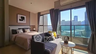 Luxurious bedroom with stunning city view and modern decor
