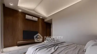 Modern bedroom with sleek design, featuring a wall-mounted TV and air conditioning unit.