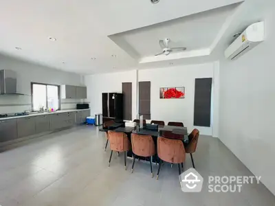 Spacious modern kitchen with dining area and sleek appliances