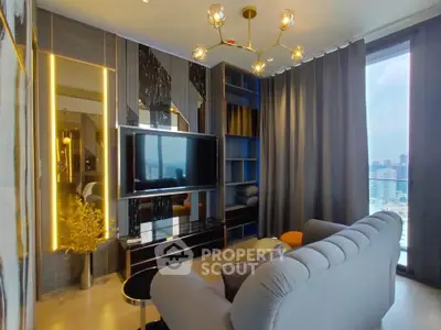 Luxurious modern living room with city view and elegant decor