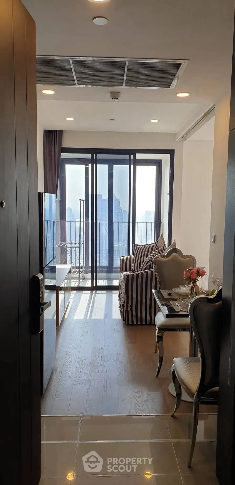 Stylish living room with city view and elegant furniture